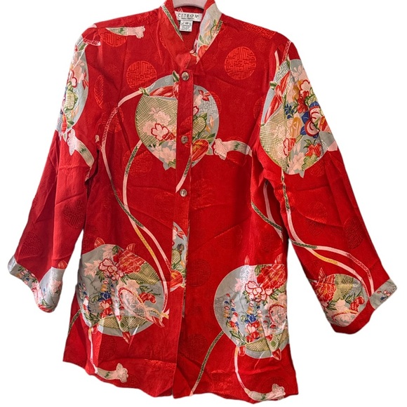 Citron Santa Monica 100% Silk Embossed Asian Print Tunic Top sz XS - Picture 2 of 4